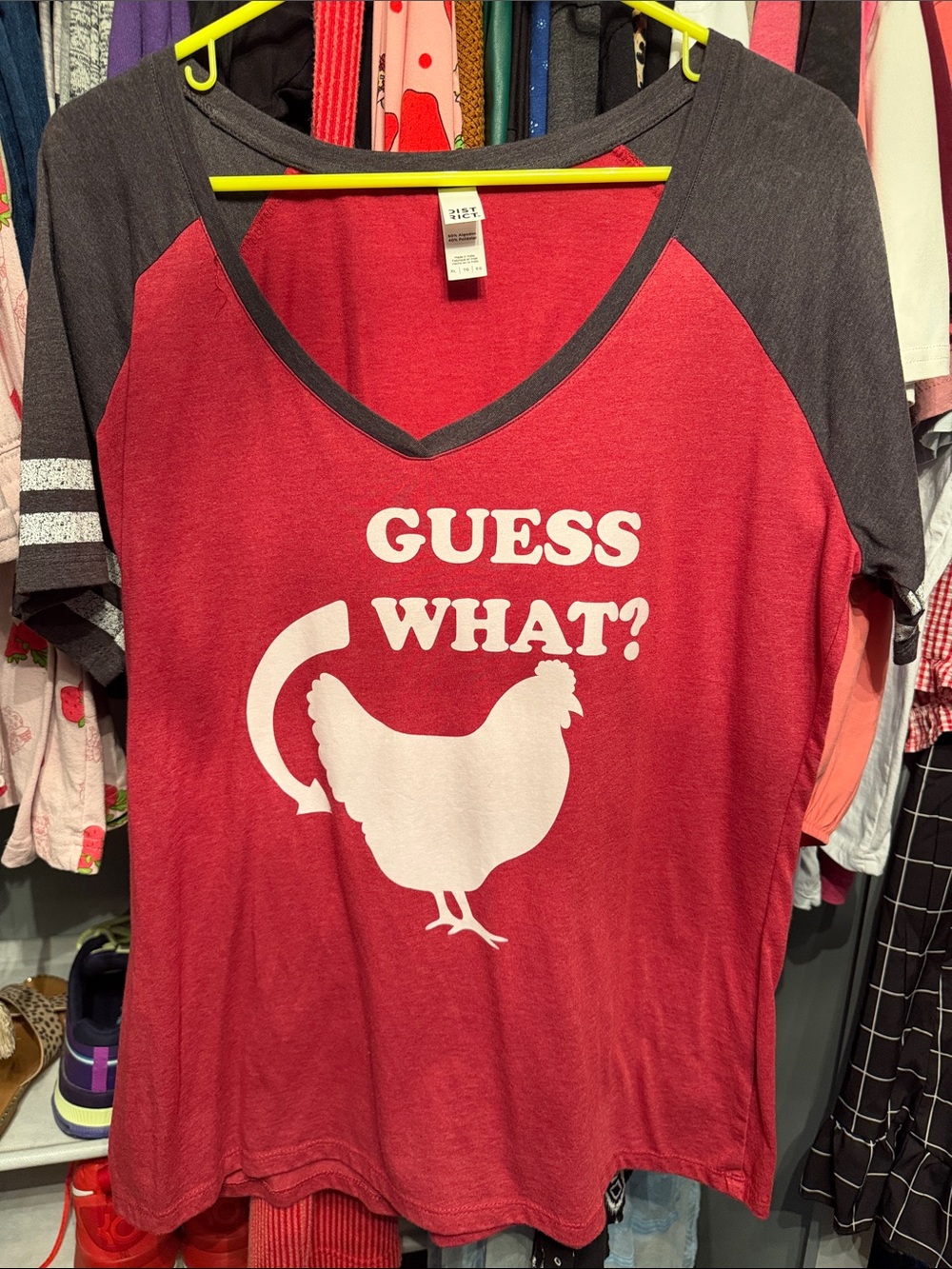 District Red V-Neck Raglan Tee with Gray Sleeves - 'Guess What?' Chicken Graphic